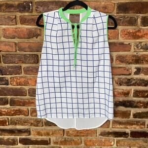 Jealous Tomato White Blue Green Plaid Sleeveless Keyhole Blouse Size Small